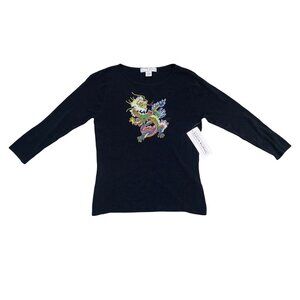 Vintage Lucia Burns Beaded Chinese Dragon Embroidered Black Top XL Hong Kong